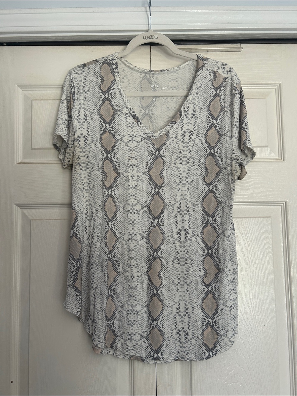 Grace & Lace Neutral Snake Print V-Neck Top in Beige and Gray